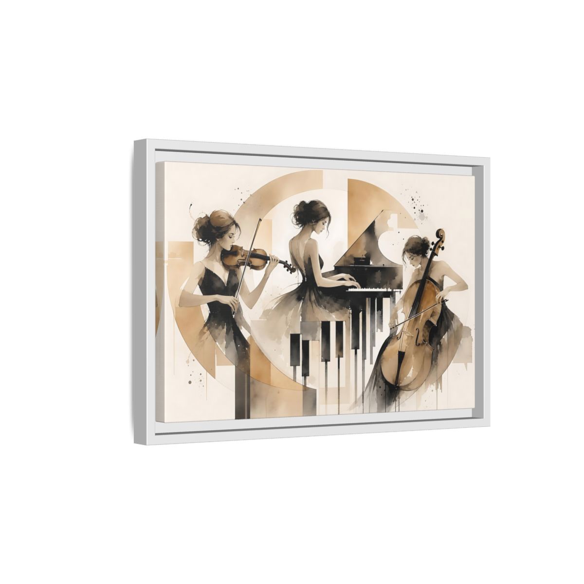 Side Mockup 4. Abstract Musicians Black And Gold shown as framed canvas print