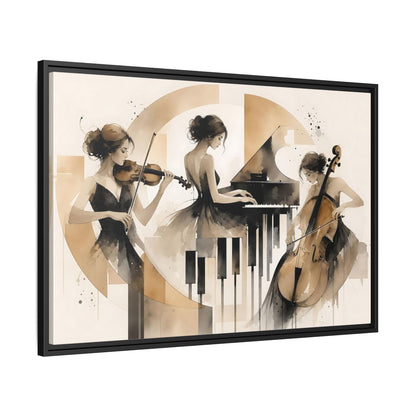 Side Mockup 13. Abstract Musicians Black And Gold shown as framed canvas print