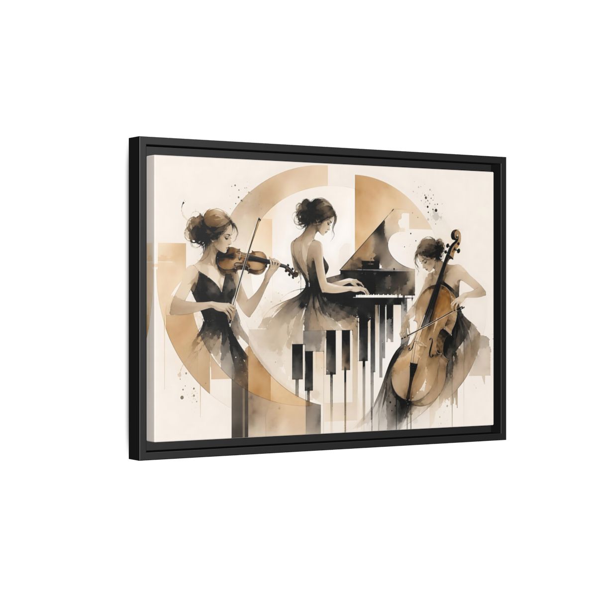 Side Mockup 3. Abstract Musicians Black And Gold shown as framed canvas print