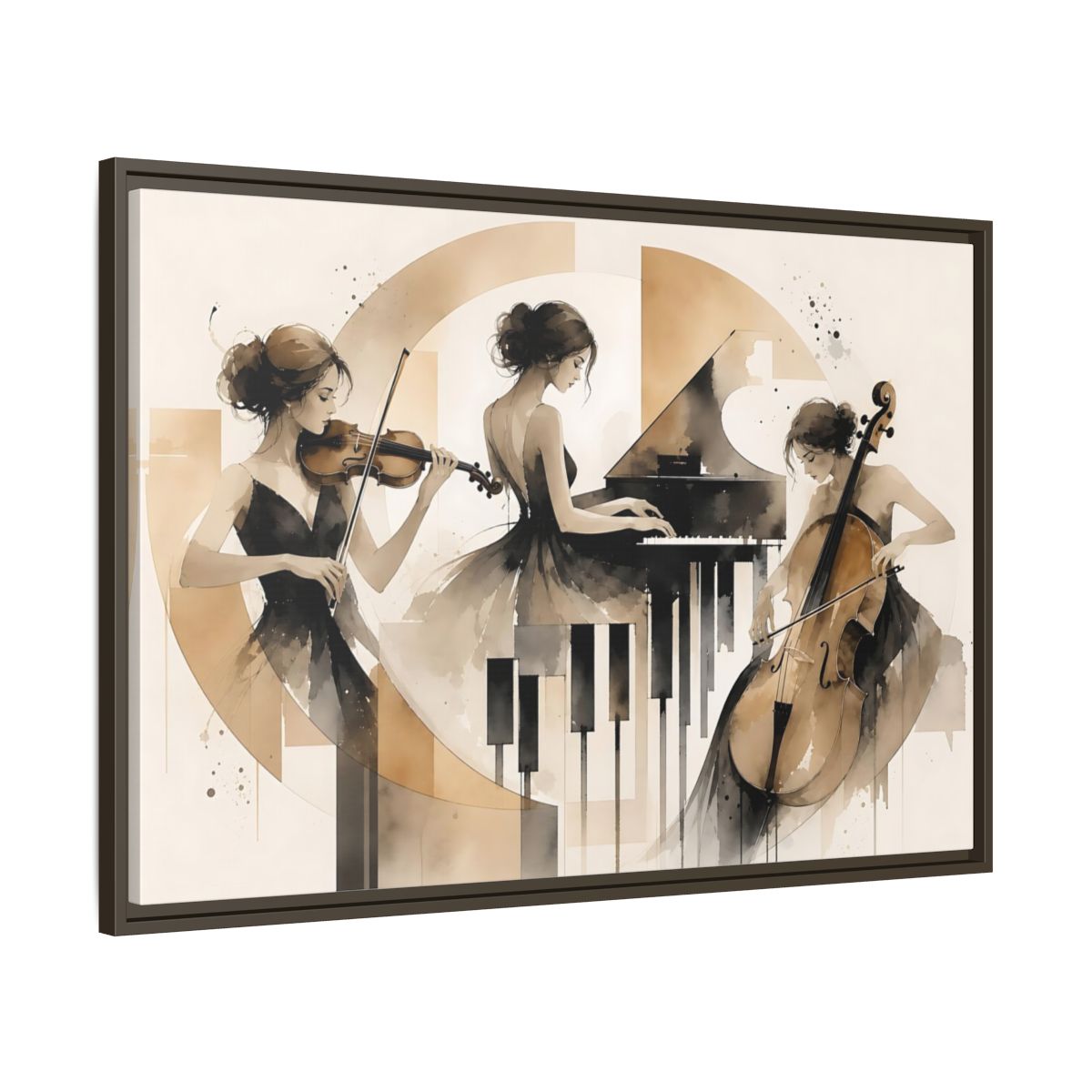 Main Mockup. Abstract Musicians Black And Gold shown as framed canvas print