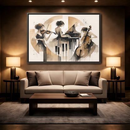 Mockup 2. Abstract Musicians Black And Gold shown as framed canvas print