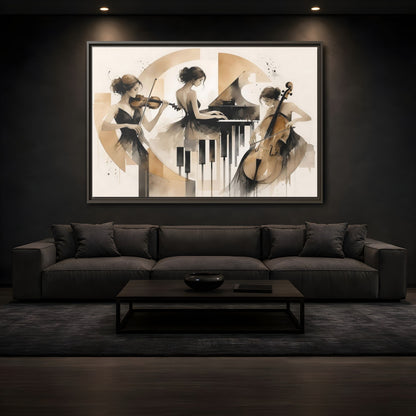 Mockup 3. Abstract Musicians Black And Gold shown as framed canvas print