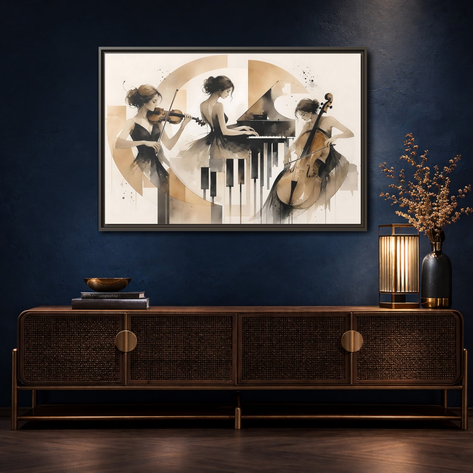Mockup 4. Abstract Musicians Black And Gold shown as framed canvas print