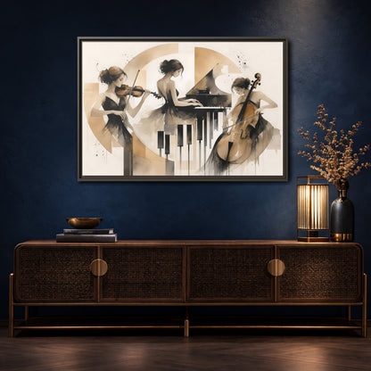 Mockup 4. Abstract Musicians Black And Gold shown as framed canvas print