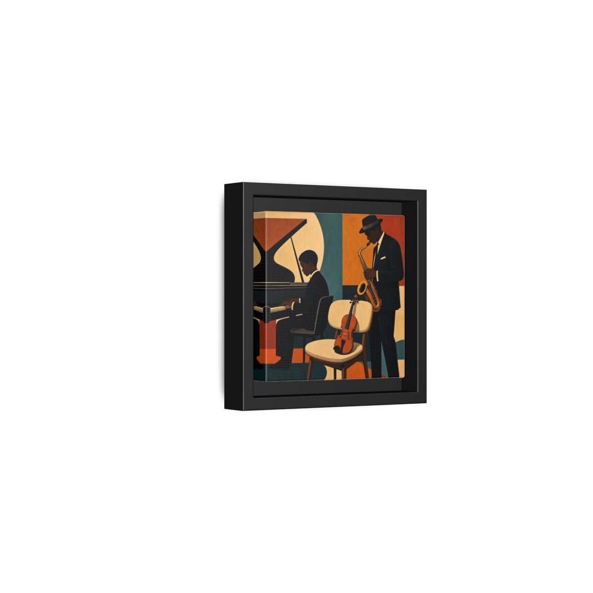 Side Mockup 24. Abstract Musicians Orange Teal Jazz shown as framed canvas print