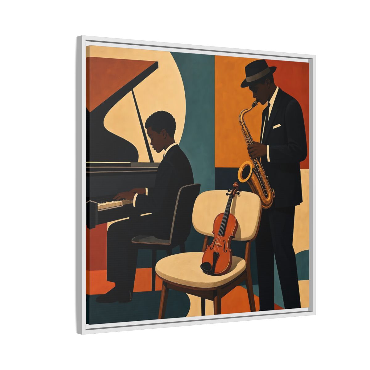 Side Mockup 7. Abstract Musicians Orange Teal Jazz shown as framed canvas print