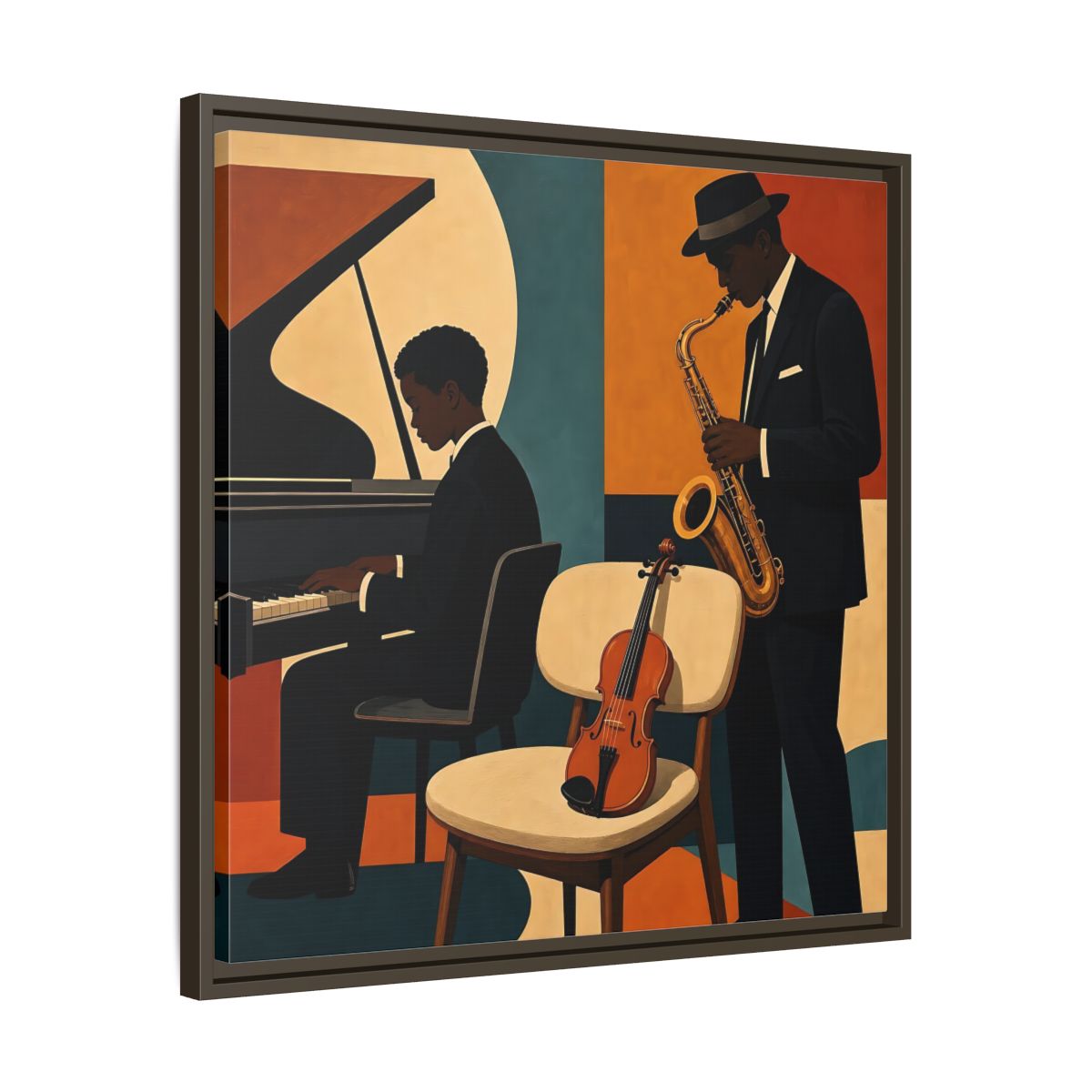Side Mockup 27. Abstract Musicians Orange Teal Jazz shown as framed canvas print