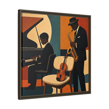 Side Mockup 27. Abstract Musicians Orange Teal Jazz shown as framed canvas print