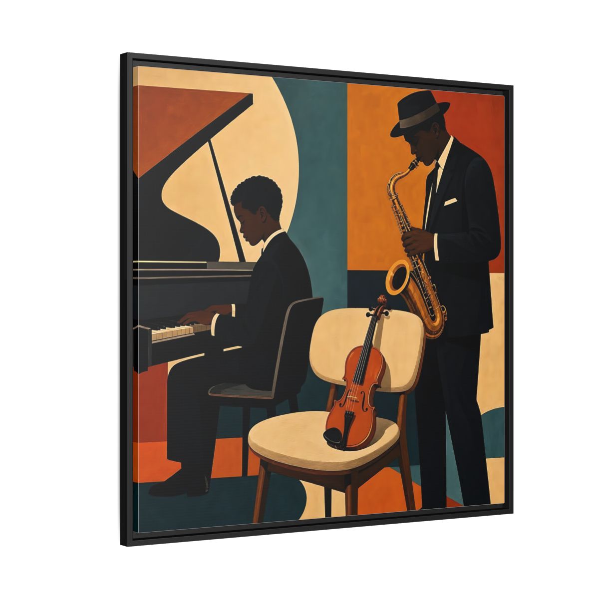 Side Mockup 6. Abstract Musicians Orange Teal Jazz shown as framed canvas print