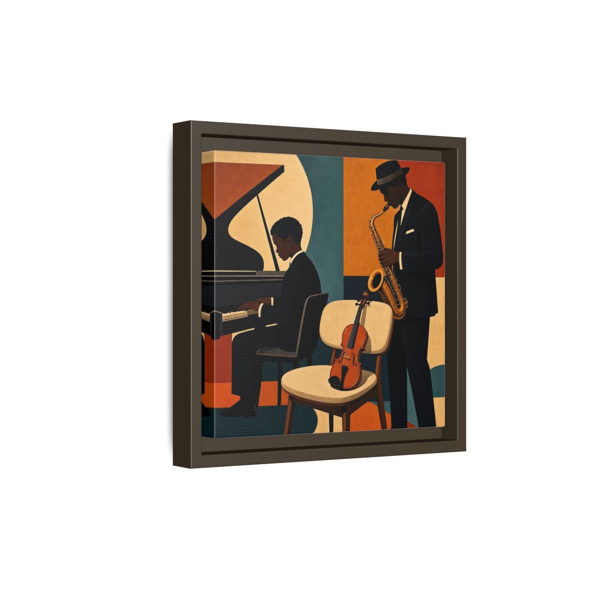 Side Mockup 20. Abstract Musicians Orange Teal Jazz shown as framed canvas print