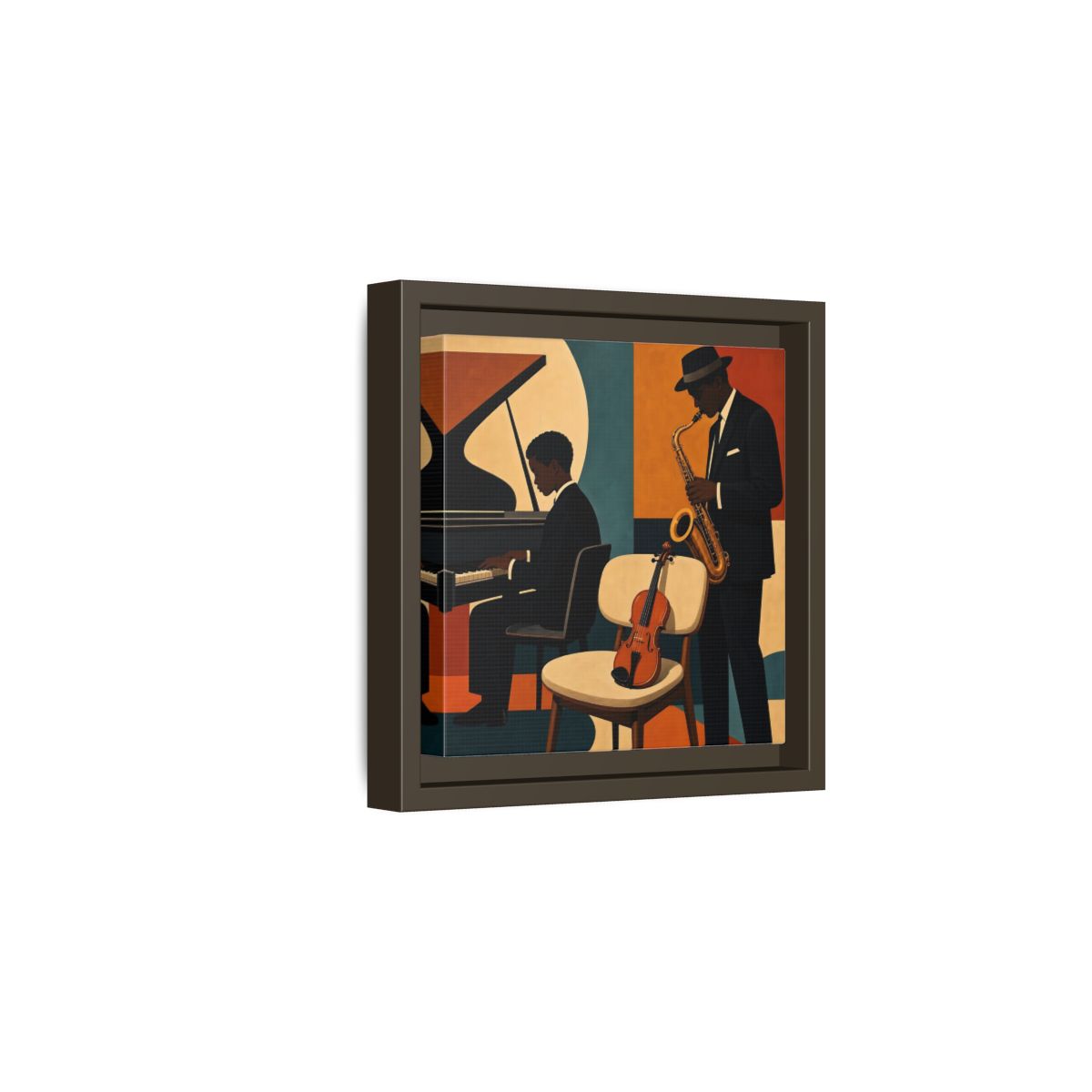 Side Mockup 2. Abstract Musicians Orange Teal Jazz shown as framed canvas print