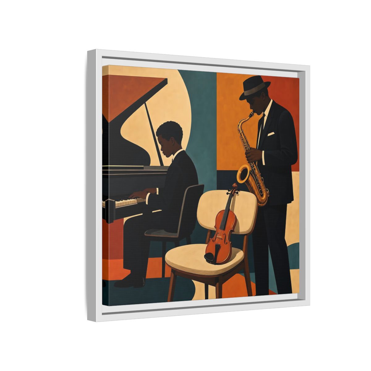 Side Mockup 13. Abstract Musicians Orange Teal Jazz shown as framed canvas print