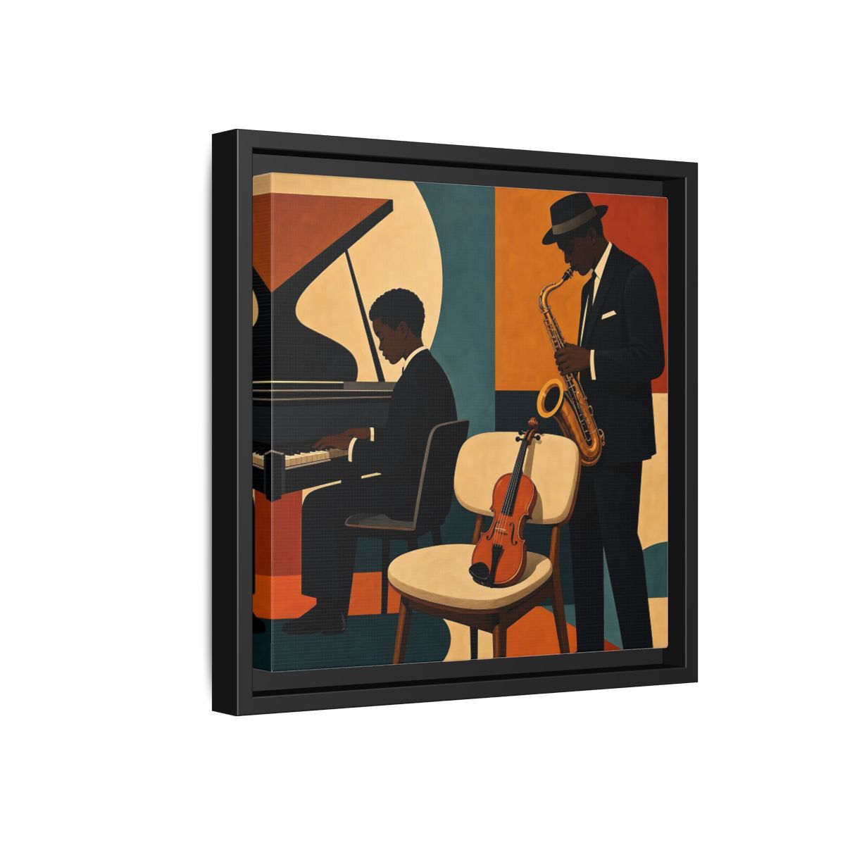 Side Mockup 18. Abstract Musicians Orange Teal Jazz shown as framed canvas print