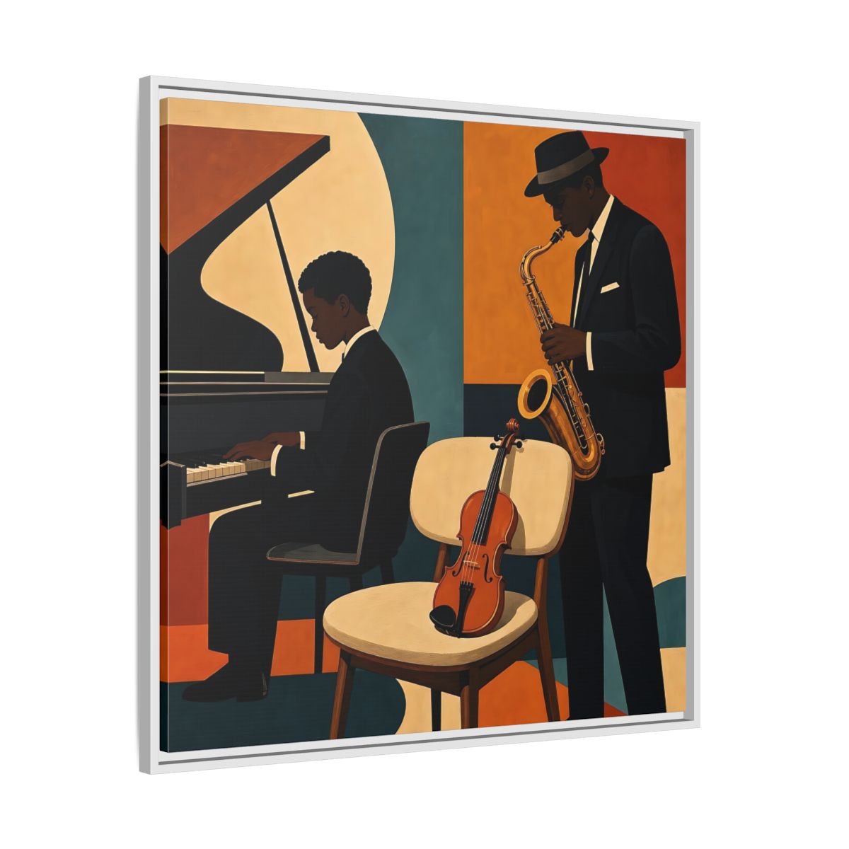 Side Mockup 25. Abstract Musicians Orange Teal Jazz shown as framed canvas print