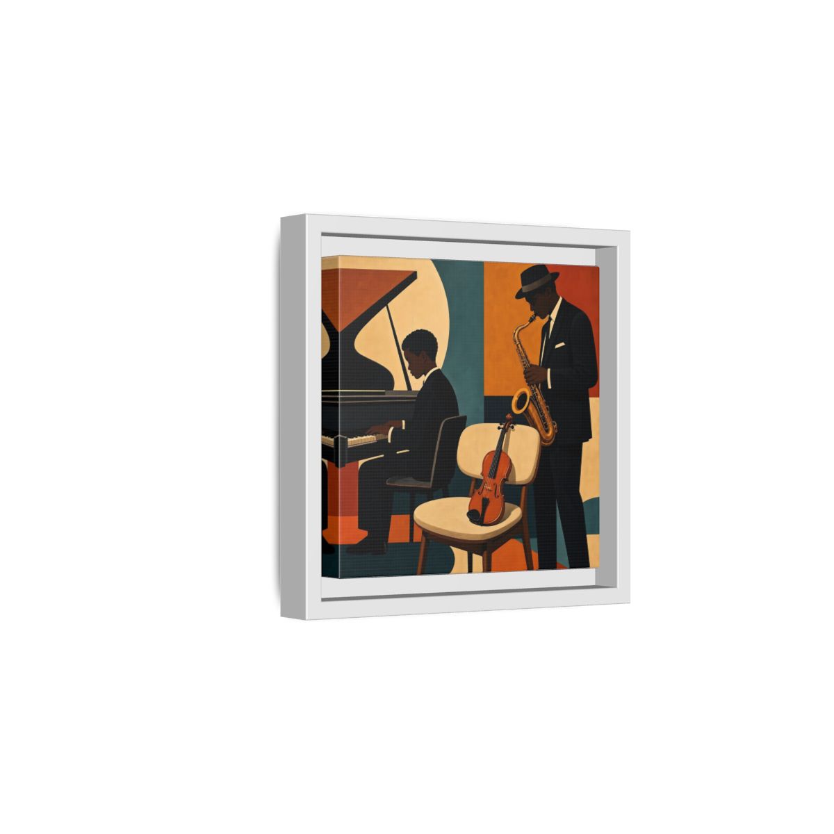 Side Mockup 1. Abstract Musicians Orange Teal Jazz shown as framed canvas print