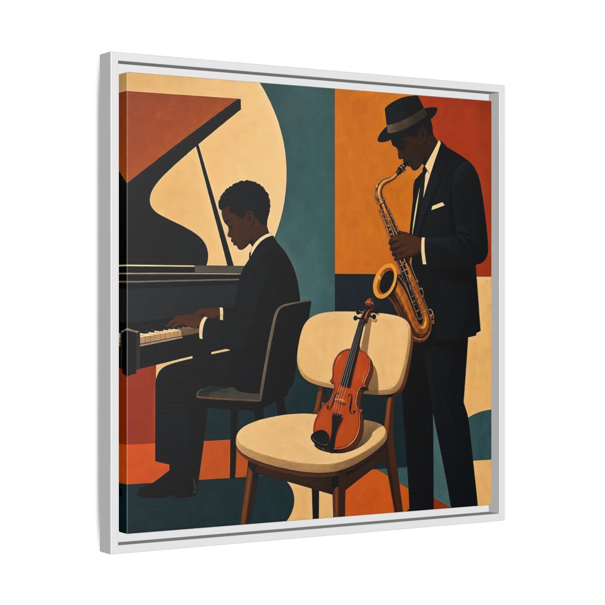 Side Mockup 26. Abstract Musicians Orange Teal Jazz shown as framed canvas print