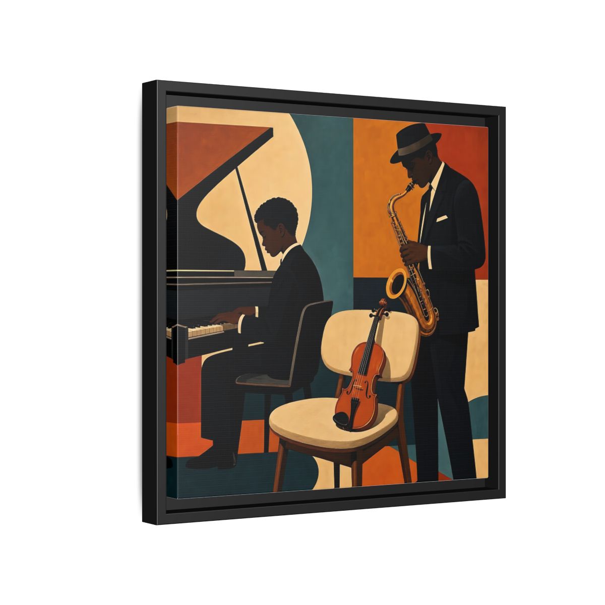 Side Mockup 15. Abstract Musicians Orange Teal Jazz shown as framed canvas print