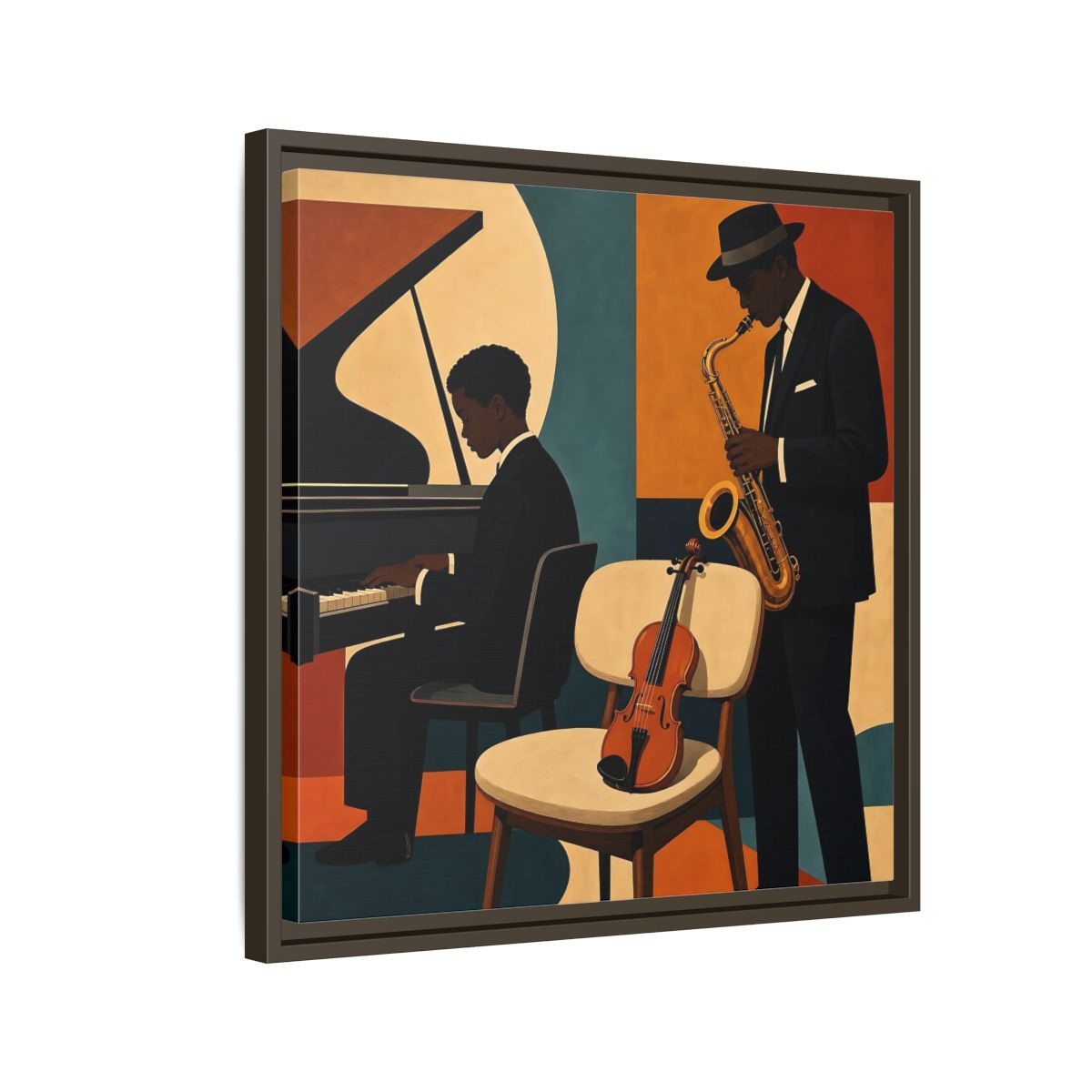 Side Mockup 11. Abstract Musicians Orange Teal Jazz shown as framed canvas print