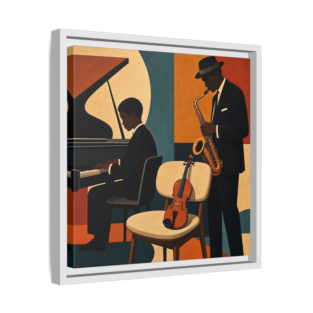Side Mockup 28. Abstract Musicians Orange Teal Jazz shown as framed canvas print
