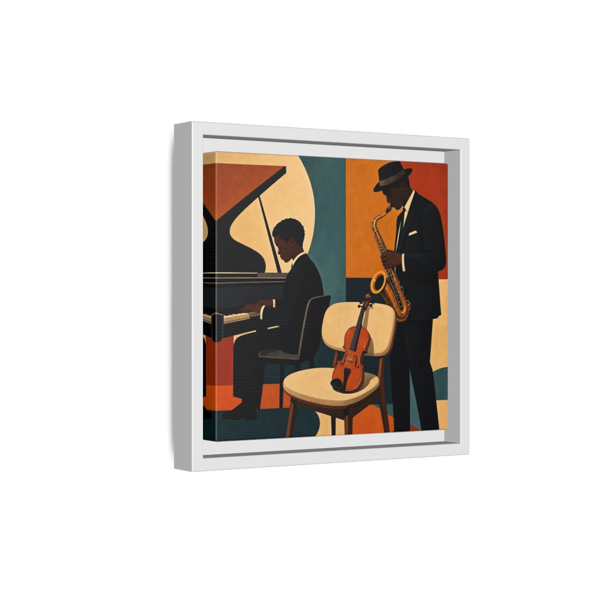 Side Mockup 19. Abstract Musicians Orange Teal Jazz shown as framed canvas print