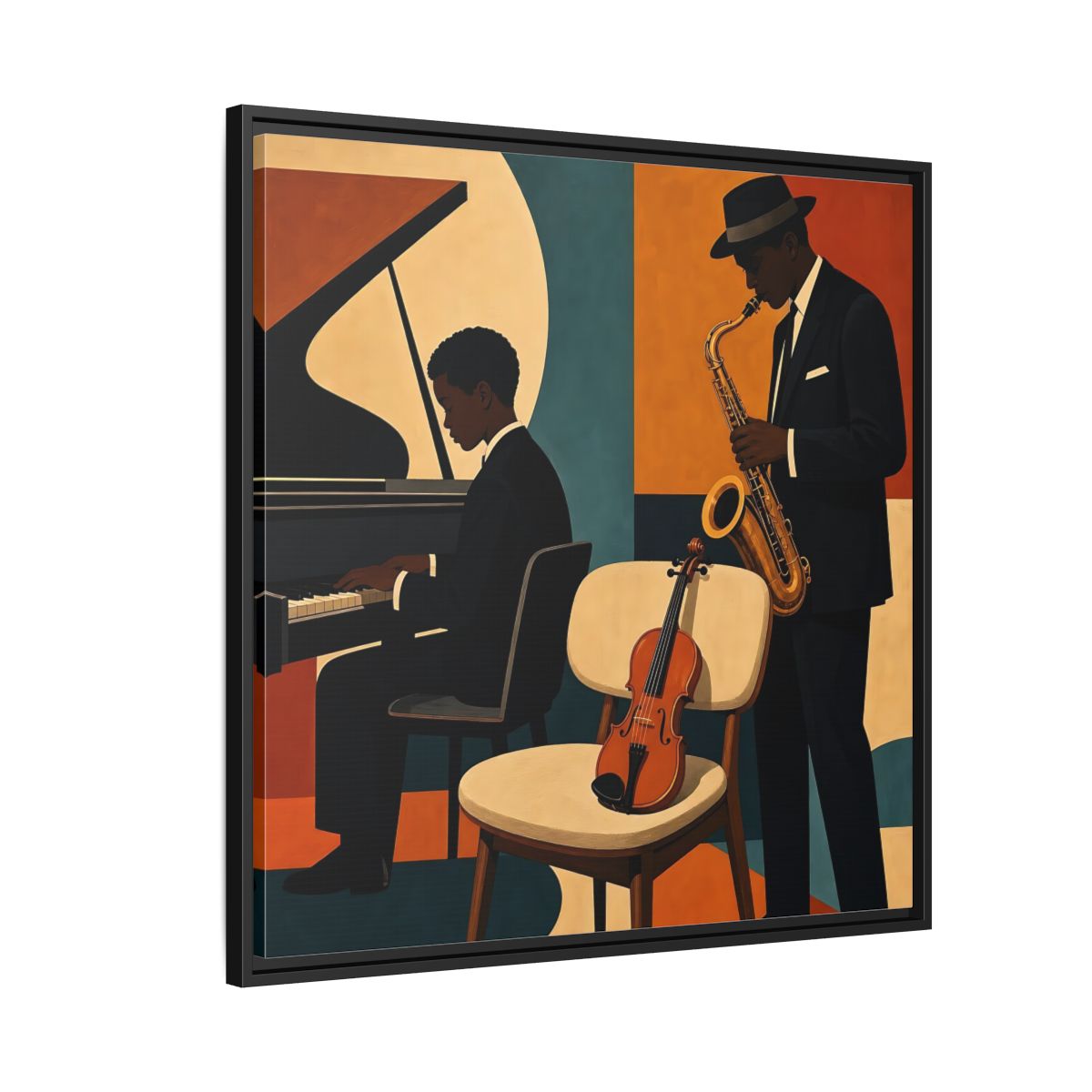 Side Mockup 9. Abstract Musicians Orange Teal Jazz shown as framed canvas print