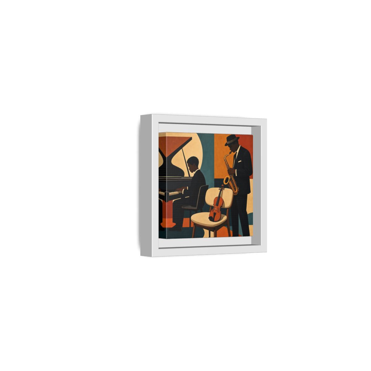 Side Mockup 22. Abstract Musicians Orange Teal Jazz shown as framed canvas print