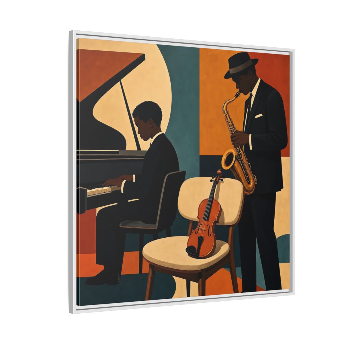 Side Mockup 4. Abstract Musicians Orange Teal Jazz shown as framed canvas print