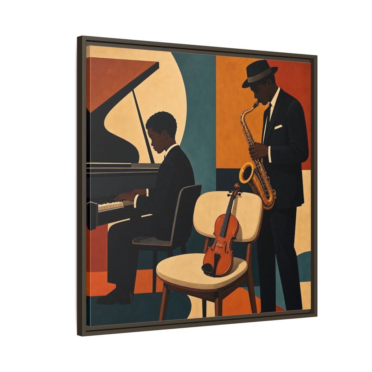Side Mockup 8. Abstract Musicians Orange Teal Jazz shown as framed canvas print