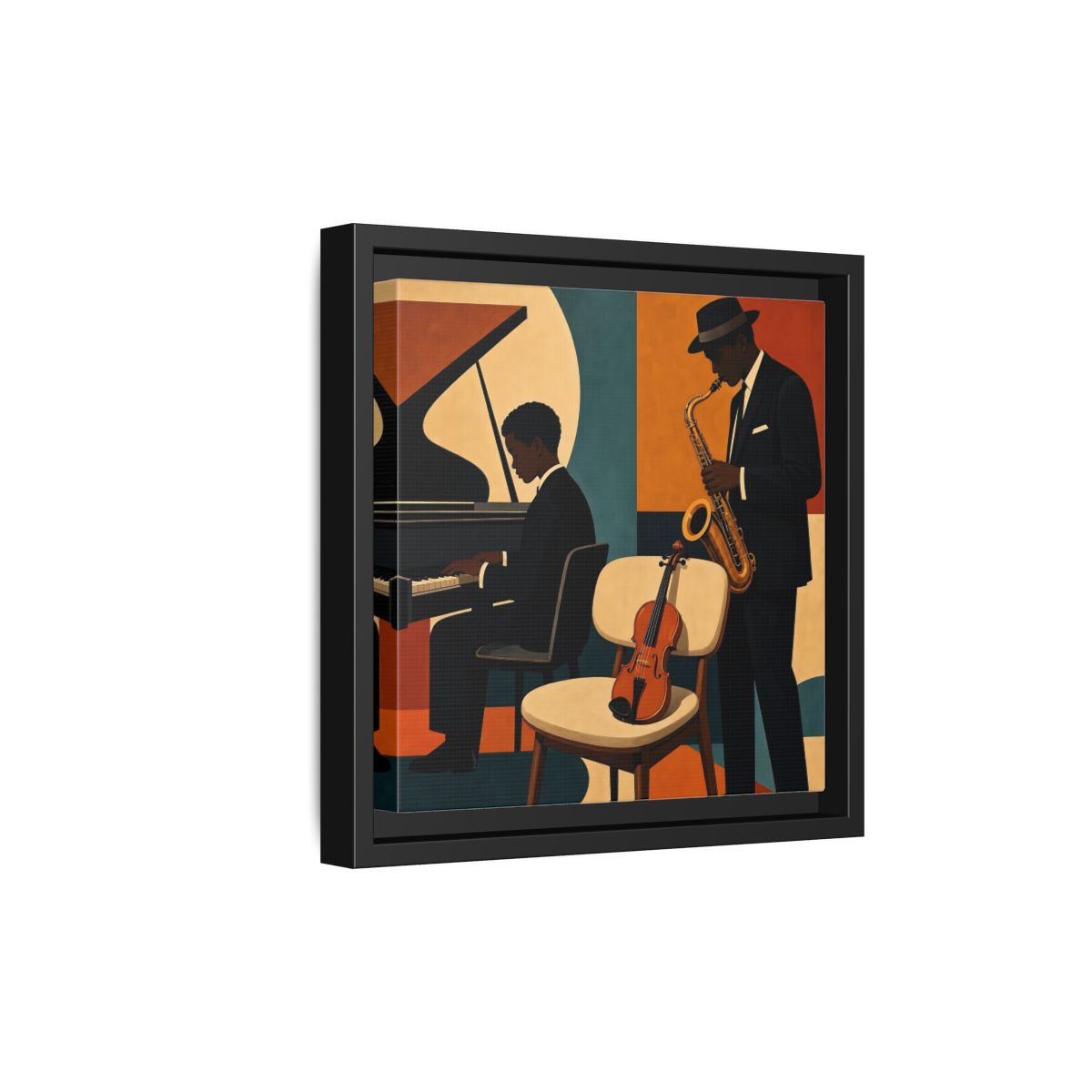 Side Mockup 21. Abstract Musicians Orange Teal Jazz shown as framed canvas print