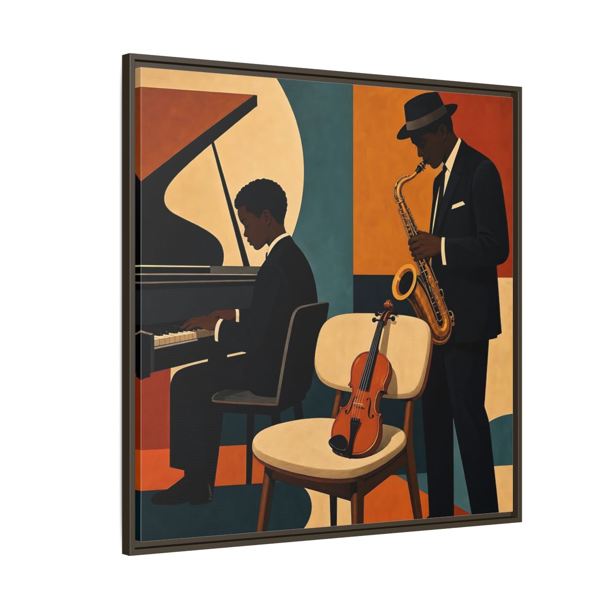 Side Mockup 5. Abstract Musicians Orange Teal Jazz shown as framed canvas print