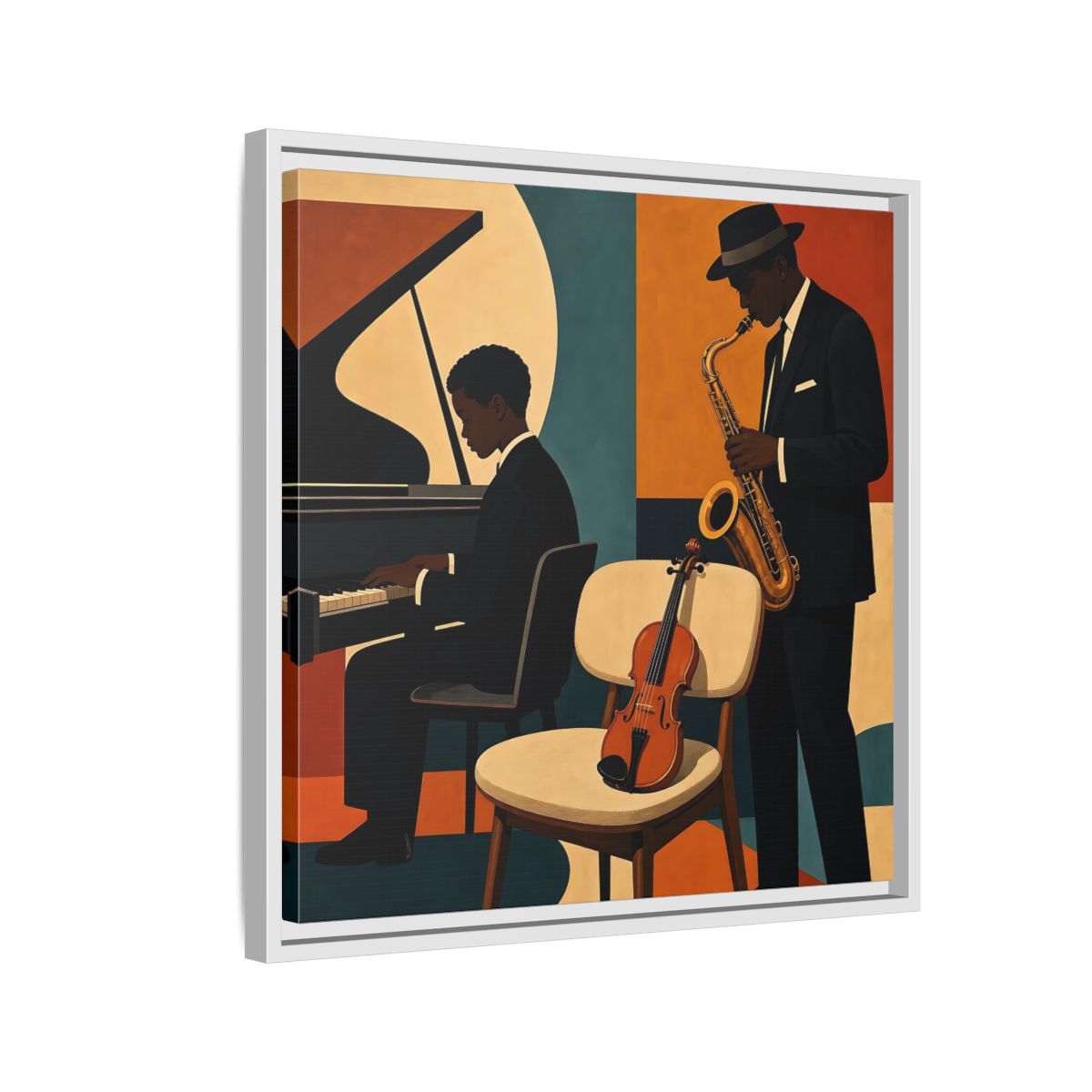 Side Mockup 10. Abstract Musicians Orange Teal Jazz shown as framed canvas print