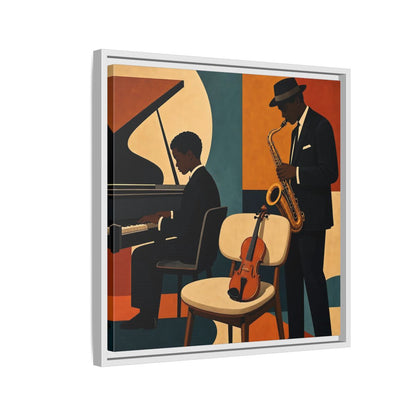 Side Mockup 10. Abstract Musicians Orange Teal Jazz shown as framed canvas print