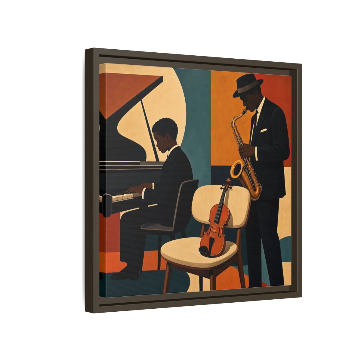 Side Mockup 14. Abstract Musicians Orange Teal Jazz shown as framed canvas print