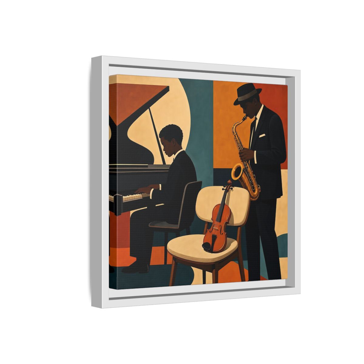 Side Mockup 16. Abstract Musicians Orange Teal Jazz shown as framed canvas print