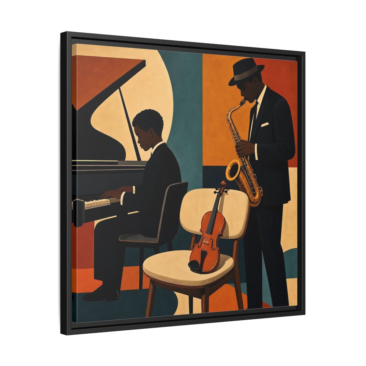 Side Mockup 31. Abstract Musicians Orange Teal Jazz shown as framed canvas print