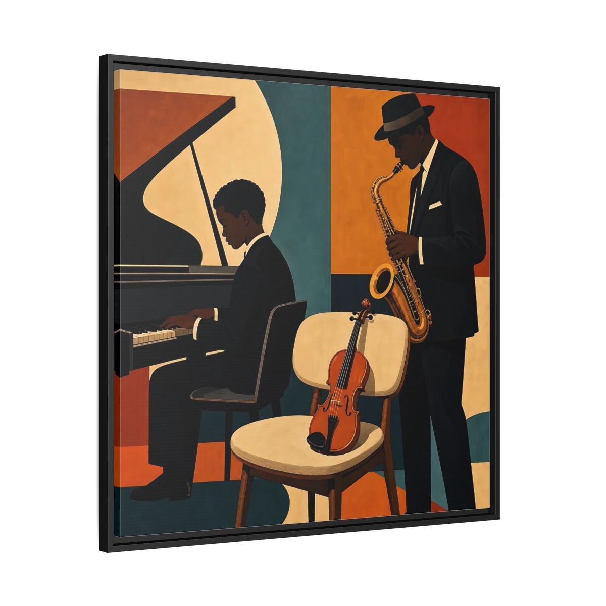 Side Mockup 30. Abstract Musicians Orange Teal Jazz shown as framed canvas print
