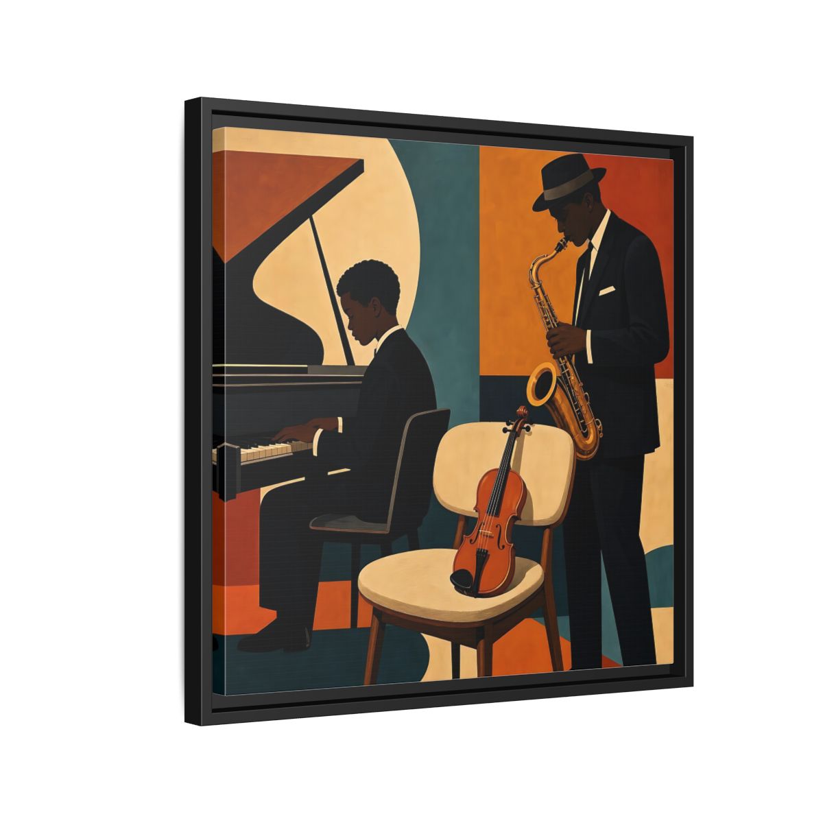Side Mockup 12. Abstract Musicians Orange Teal Jazz shown as framed canvas print