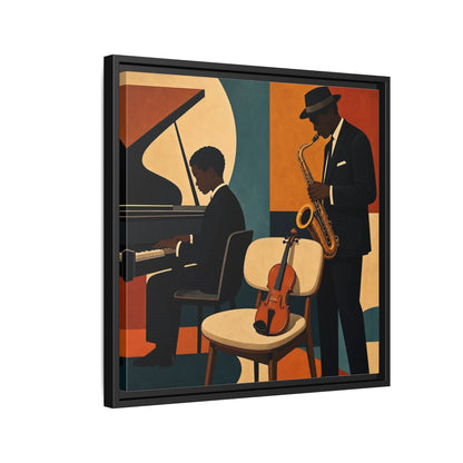 Side Mockup 12. Abstract Musicians Orange Teal Jazz shown as framed canvas print