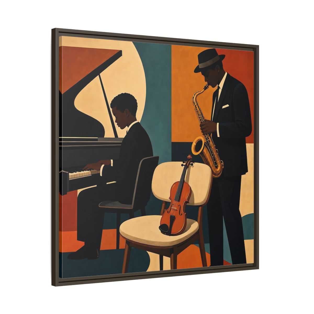 Main Mockup. Abstract Musicians Orange Teal Jazz shown as framed canvas print