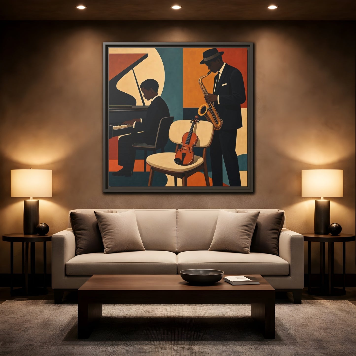 Mockup 2. Abstract Musicians Orange Teal Jazz shown as framed canvas print