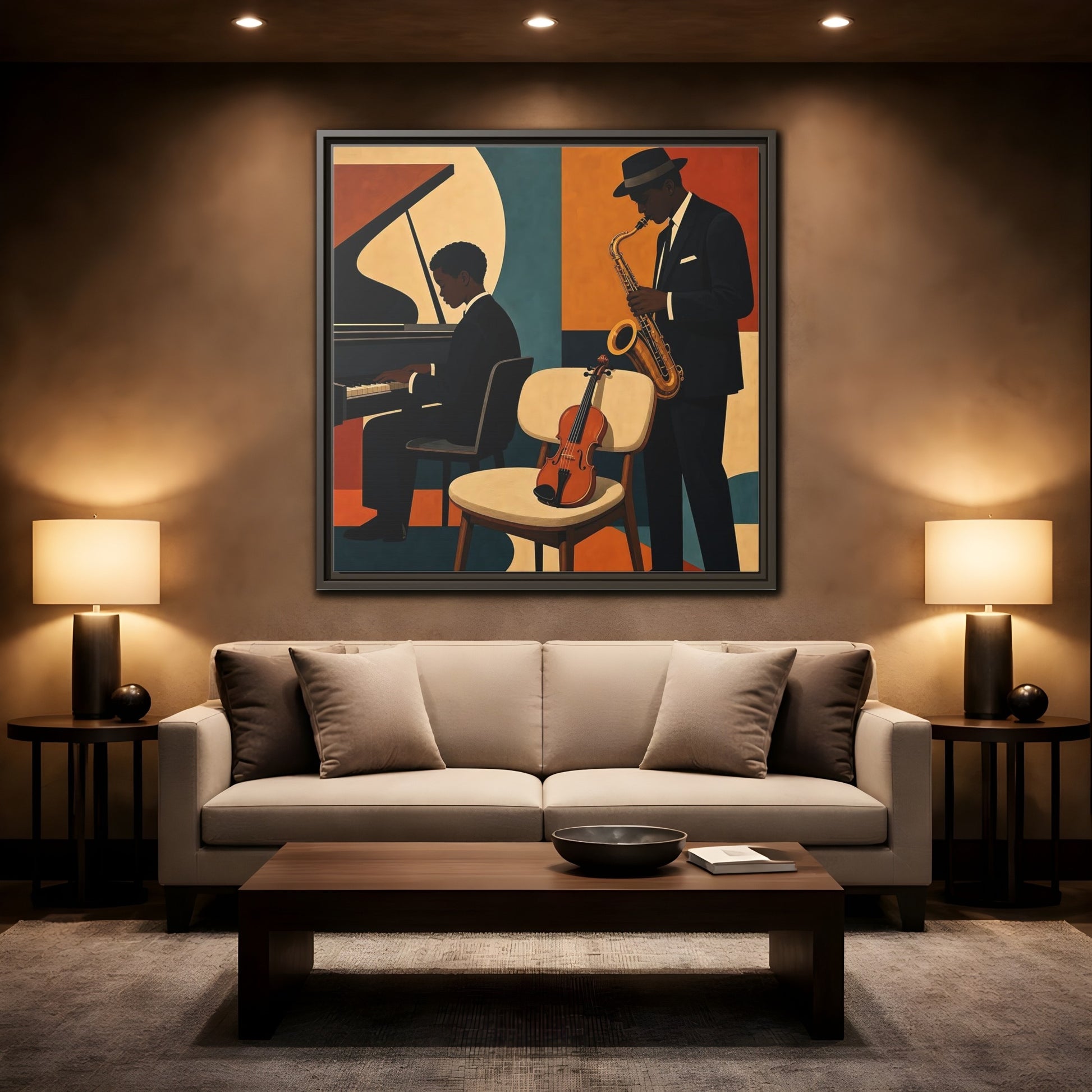 Mockup 2. Abstract Musicians Orange Teal Jazz shown as framed canvas print