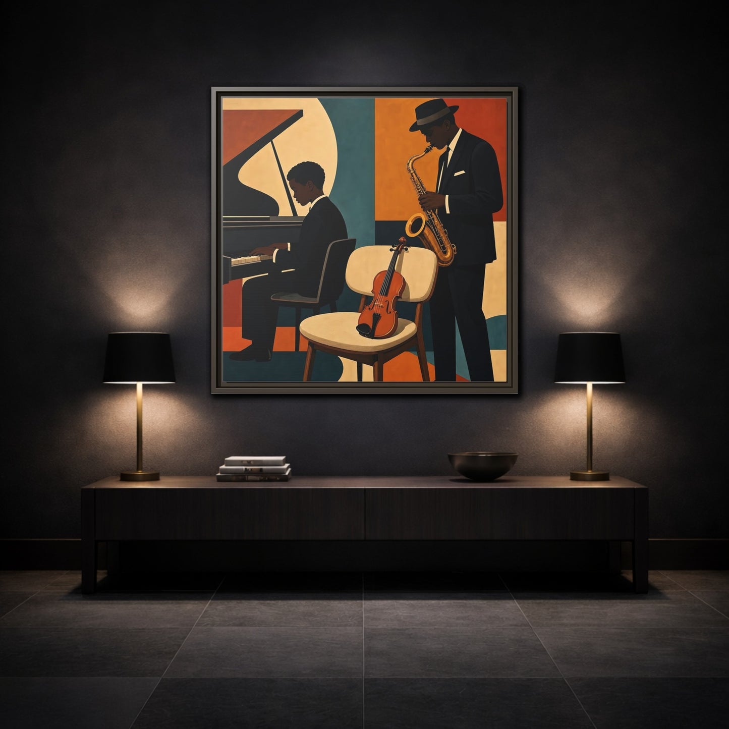 Mockup 3. Abstract Musicians Orange Teal Jazz shown as framed canvas print