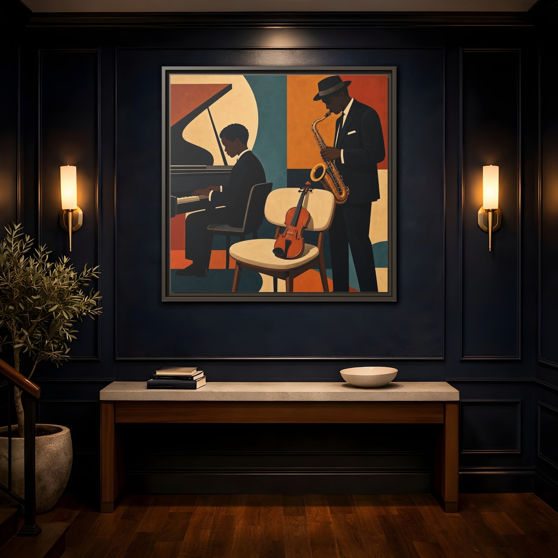 Mockup 4. Abstract Musicians Orange Teal Jazz shown as framed canvas print