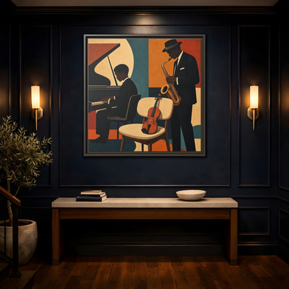 Mockup 4. Abstract Musicians Orange Teal Jazz shown as framed canvas print