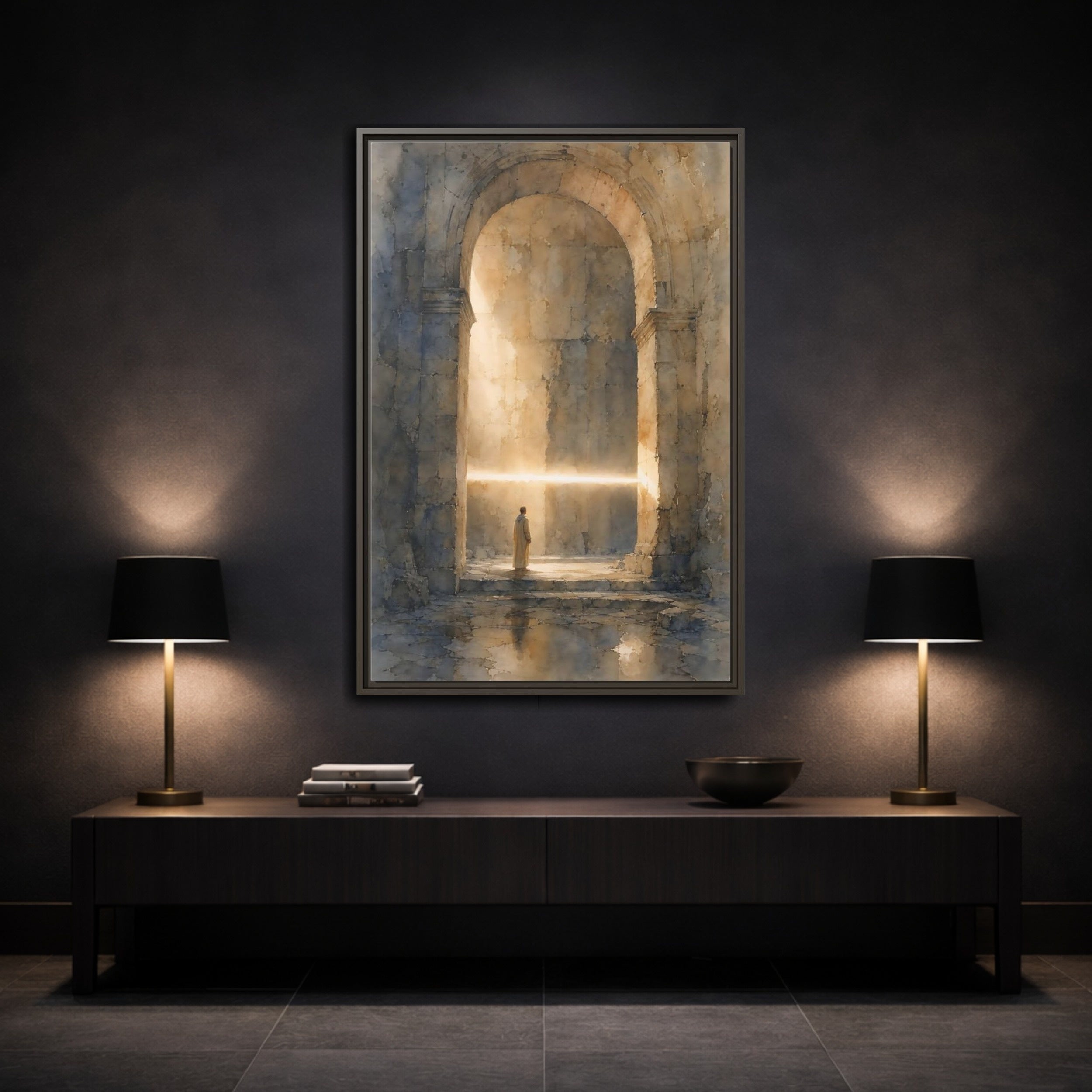 Mockup 3. Abstract Mystic Archway Golden Light Arch shown as stretched canvas wall art