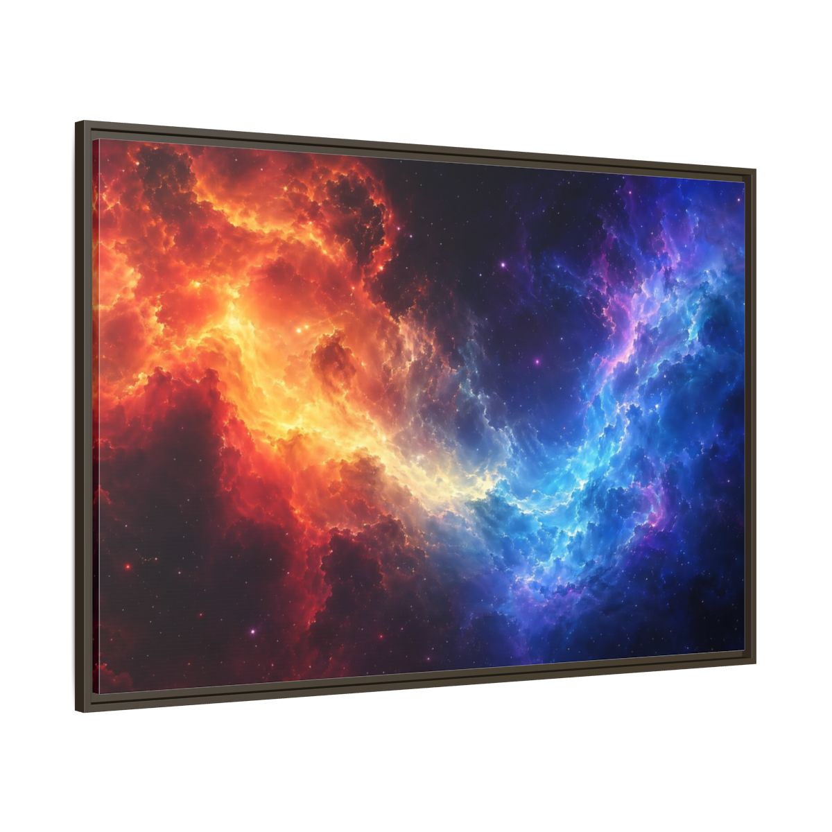 Side Mockup 8. Abstract Nebula Orange Blue Nebula shown as stretched canvas wall art