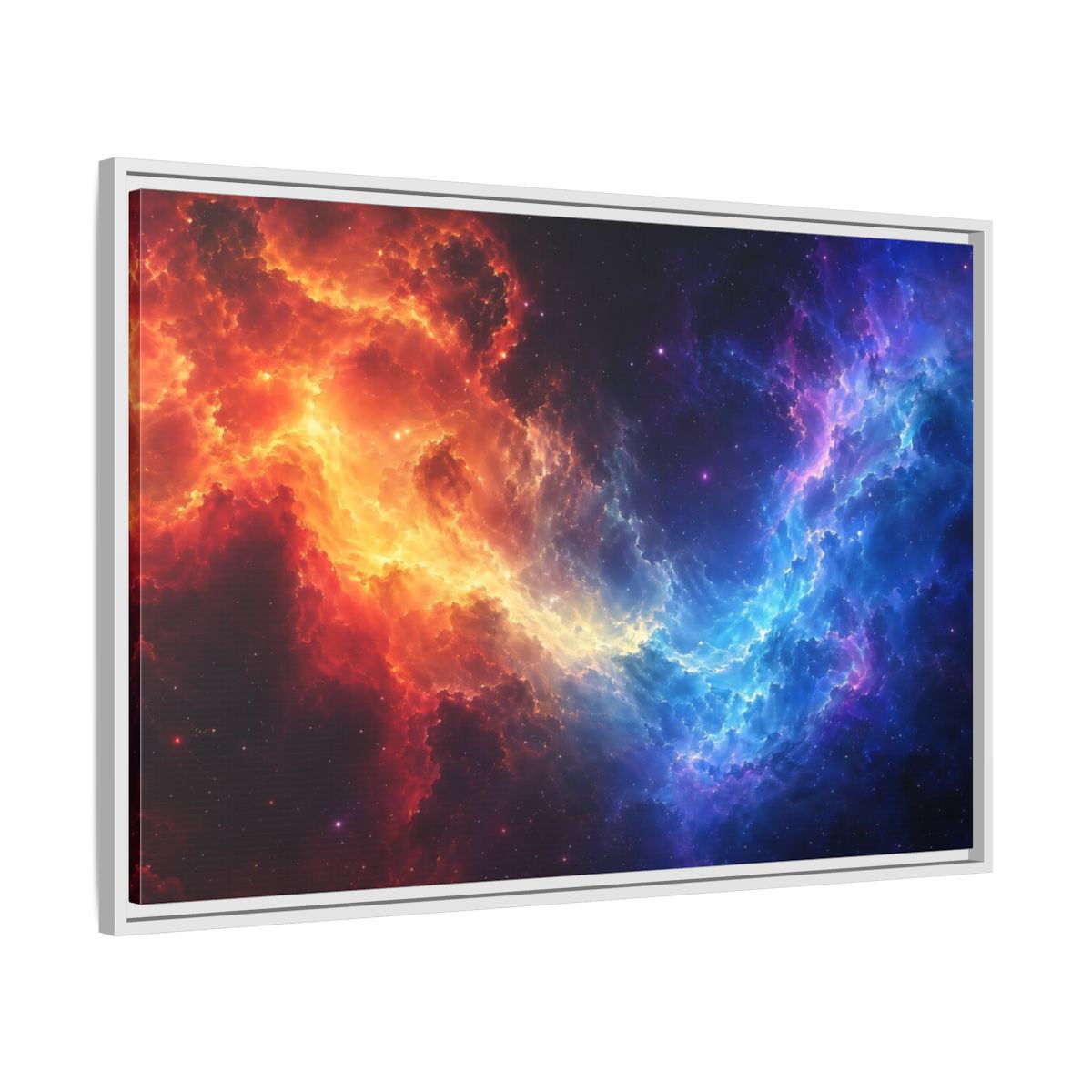 Side Mockup 9. Abstract Nebula Orange Blue Nebula shown as stretched canvas wall art