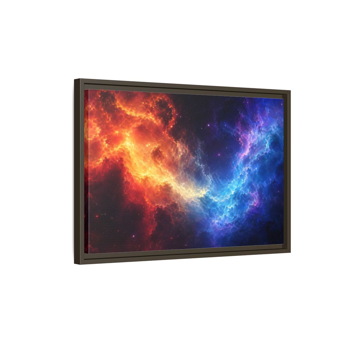 Side Mockup 2. Abstract Nebula Orange Blue Nebula shown as stretched canvas wall art