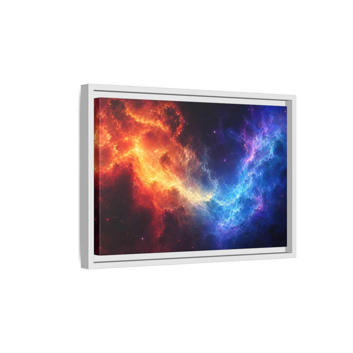 Side Mockup 4. Abstract Nebula Orange Blue Nebula shown as stretched canvas wall art