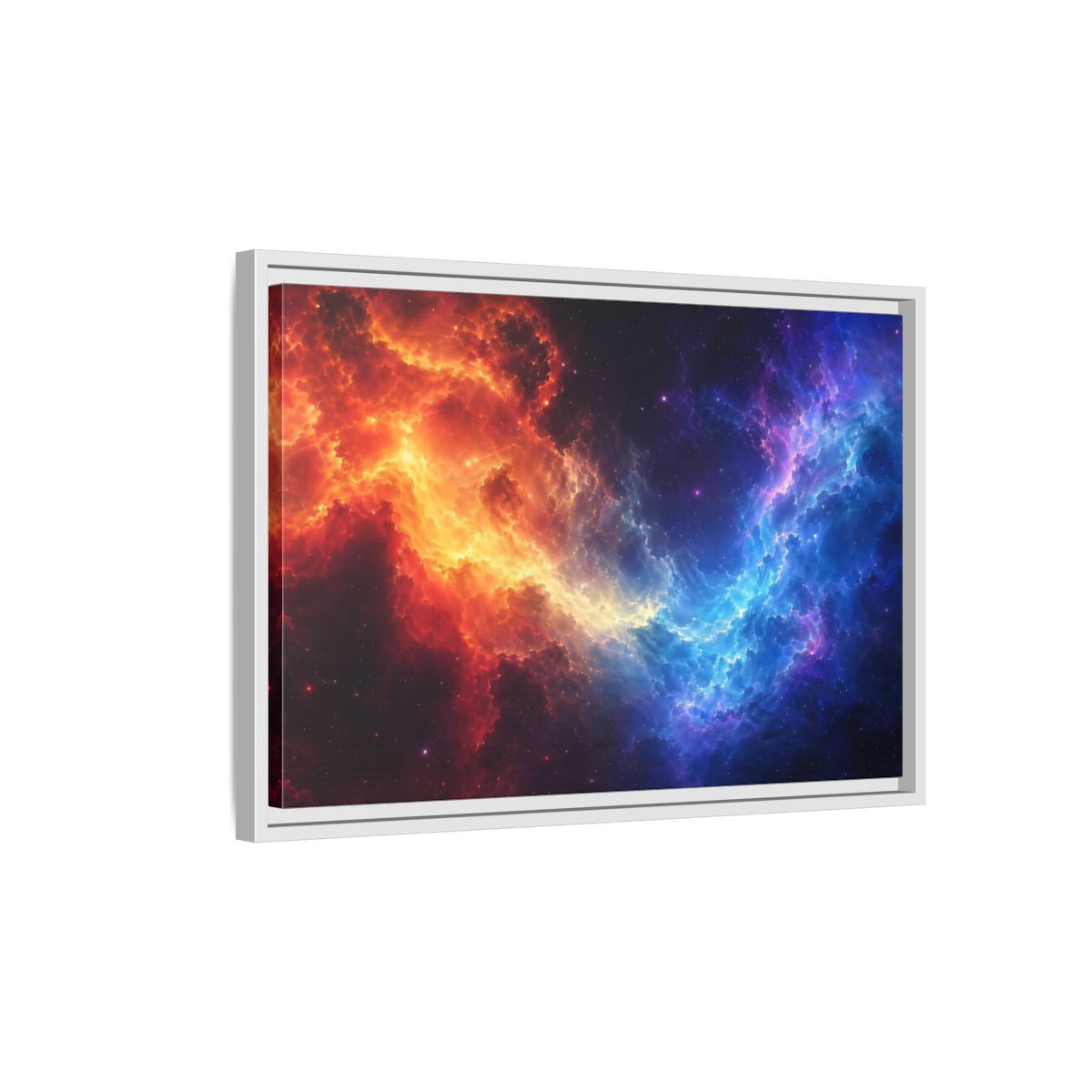 Side Mockup 1. Abstract Nebula Orange Blue Nebula shown as stretched canvas wall art